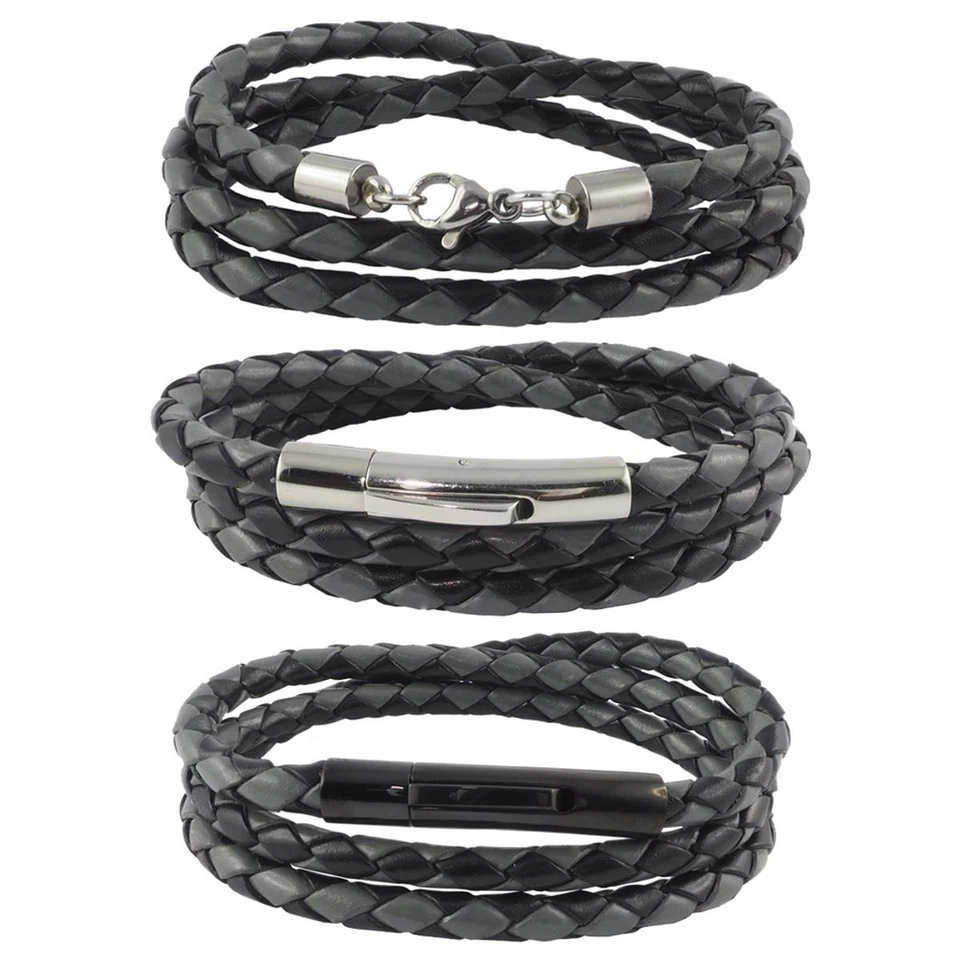 Collana In Pelle Per Uomo Nera Grigia Lunga 17-100 Cm Intrecciata - Immagine 1 di 1