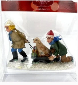 St Nicholas Square Christmas Village PUPPY'S JOY RIDE Dog Kids Sled Figurine - Picture 1 of 3