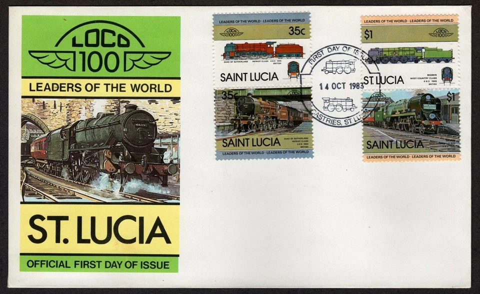 ST. LUCIA, SCOTT # 618, 621, CUBIERTA FDC - LOCOMOTORA LÍDERES DEL MUNDO 1983 Foto 1 de 1