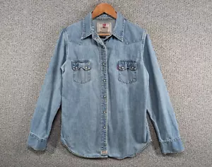 LEVI'S Vintage 90's Women's Light Blue Denim Western Marble Snap Button Shirt L - Picture 1 of 13