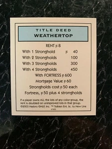 Monopoly LORD OF THE RINGS Trilogy Edition Weathertop TITLE DEED CARD 2003 - Picture 1 of 2