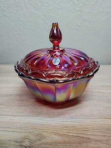 FENTON RUBY RED CARNIVAL IRIDESCENT OGEE 2 Piece CANDY DISH & Lid 7.5"W X 6.5"H - Picture 1 of 16