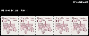 US 1991 SC 2451 4¢ STEAM CARRIAGE COIL OF 5 CLARET PNC 1 P 9.8 VERT MNH OG VF - Picture 1 of 2