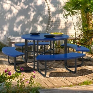 46in Round Steel Commercial Picnic Table for Garden w/ Umbrella Hole Outdoor - Picture 1 of 26