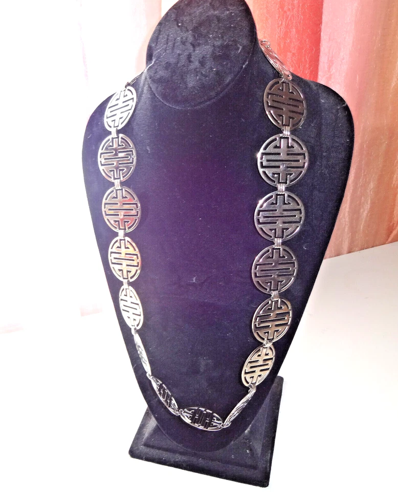 De Colección Shou Simbol Asiático Chino Pasarela Tono Plata Collar Grueso Cadena Cinturón 40" Foto 1 de 4