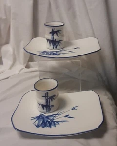 2 sets of Sushi plates & tea cups blue & white bamboo - Picture 1 of 4