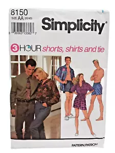 Vintage 1992 Simplicity Pattern 8150 Größe AA (XS-MD) Unisex Shorts Hemd Krawatte ungeschnitten - Bild 1 von 2