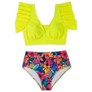 Traje de baño Boho Tankini 2 piezas talla 14 con volantes cuello en V parte superior corta tropical floral inferior - Imagen 1 de 7