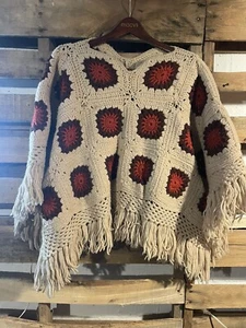 Vintage Crocheted Poncho Granny Squares With Matching Hat - Picture 1 of 13