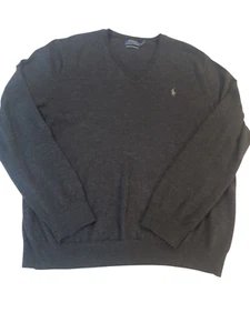Polo Ralph Lauren Long Sleeve Pullover Sweater Mens Gray XL V Neck Merino Wool - Picture 1 of 15