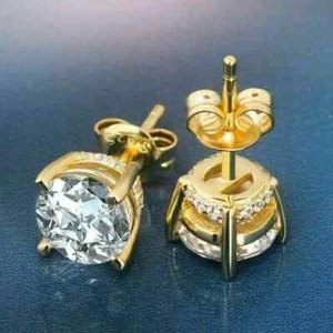 3Ct Round Cut Moisaanite Women's Engagement Stud Yellow Gold Plated - Picture 1 of 7