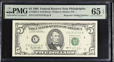 1995 $5 FRN PMG 65 EPQ – Super Repeater Serial C51515151B – Philadelphia Rare! - Image 1 of 3