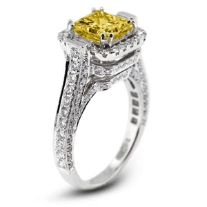 2.81ct Yellow VS2 Princess Natural Certified Diamonds 18k Halo Side Stone Ring - Picture 1 of 11