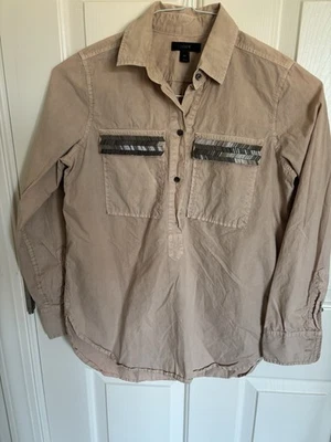 J Crew Womens Top Shirt 00 Tan Henley Metallic Design Long Sleeve Button Up - Image 1 of 3