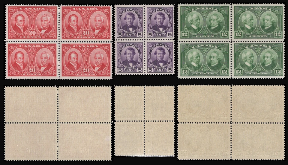 SAVOYSTAMPS CANADA 1927 FAMOUS MEN SC # 146-148 BLOCKS OF 4 * OG NH VF SCV $301 - Image 1 of 4
