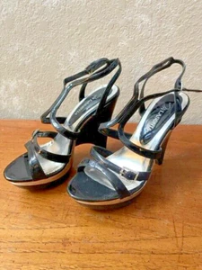 Lasonia Women's Size 6M Black & Silver Synthetic Leather Sandals Wedge Heels - Picture 1 of 11