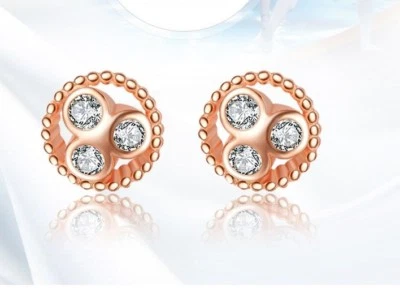 8mm Rose Gold Sterling silver spin CZ Stud Post Earrings Women Girl Gift Box K64 - Image 1 of 4