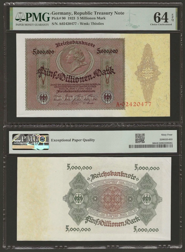 GERMANY 5 Million Mark 1923, P-90, PMG 64 EPQ Ch UNC High Denomination 5,000,000 - Image 1 of 1