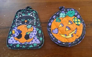2 almohadillas calientes vintage de Halloween porta olla gato calabaza CSC estrellas púrpura verde - Imagen 1 de 2