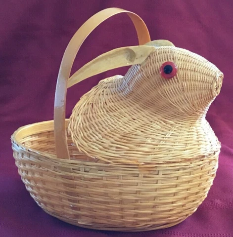 Bunny Head Basket Light Wicker Color w/Handle Button Red Eyes Ears Rabbit Cover
