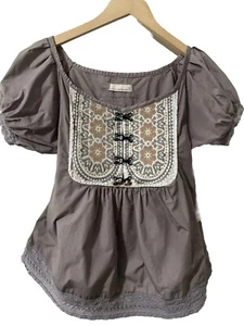 Odd Molly Anthropologie Embroidered Gray Boho Peasant Short Sleeve Top - Picture 1 of 11