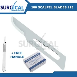 100 Pcs Scalpel Blades #15 Surgical Dental ENT with Free #3 BP Handle German Gr - Picture 1 of 8