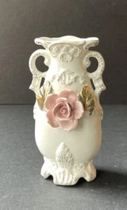 Vintage Tilso Glazed Ceramic White Vase Handles Pink Flower Japan Handcrafted - Picture 1 of 8