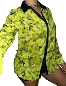 Michael Kors Women Sz M Green Floral Print Chiffon Blouse Shirt Top Logo Button - Picture 1 of 8