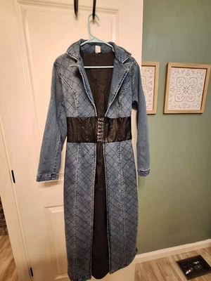 Long Denim Trench Coat Corset Waist Jean Jacket Size Small Y2K Streetwear - Image 1 of 4