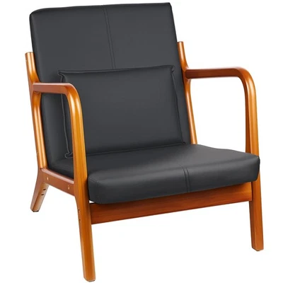 Mid-Century Modern Accent Chair with Faux Leather Cushion & Solid Wood Frame,... - Image 1 of 4