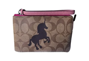 Coach Signature Unicorn Corner Zip Wristlet Pouch Bag F78669 Khaki Multicolored - Foto 1 di 3