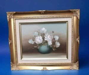 VINATGE OIL ON CANVAS PAINTING FRAMED STILL LIFE ROSES ORNATE GOLD FRAME - Picture 1 of 11