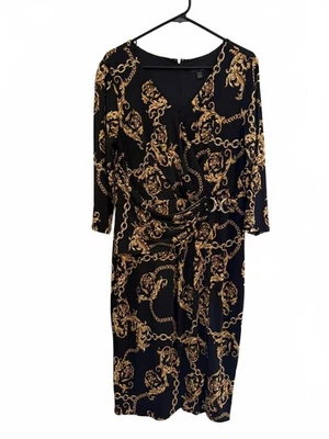 Vestido Thalia Sodi XL Extra Grande Motivo Cadena Negro Dorado Midi Imitación Envoltura Poliéster Foto 1 de 4