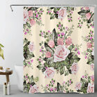 Beige Plant Green Leaf Pink Rose Floral Shower Curtain Set for Bathroom Decor