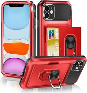 iPhone 11 Phone Case Protective Cover, Wallet Card Slot & Ring Holder Stand, RED - Zdjęcie 1 z 7