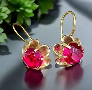 VINTAGE 1970s russian Ukraine jewelry flower Earrings Art SILVER 875 Red Ruby - Picture 1 of 24