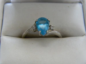 Vintage 925 Sterling Silver Pear Shaped Blue Topaz & Clear CZ Band Ring Size 7 - Picture 1 of 10