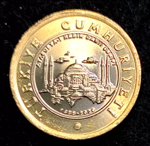 Monedas mundiales bimetálicas Turquía 1 lira 2020 Santa Sofía Ayasofya Kebir Cami UNC - Imagen 1 de 2