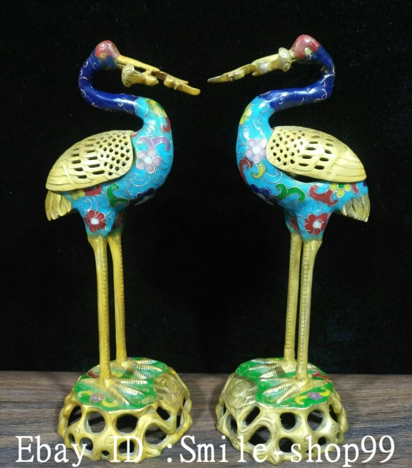 Par de incensarios quemadores de incienso Ruyi pájaro grulla dorada esmalte cloisonne chino de 10,6" Foto 1 de 4