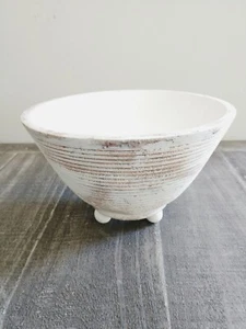 Hand Carved Mango Wood Round Bowl Decor White Distressed Farmhouse Style New - Picture 1 of 5