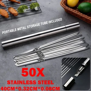 50x 40cm Stainless Steel Flat Reusable BBQ Kebab Grill Sticks - Tube Storage HOT - Picture 1 of 20