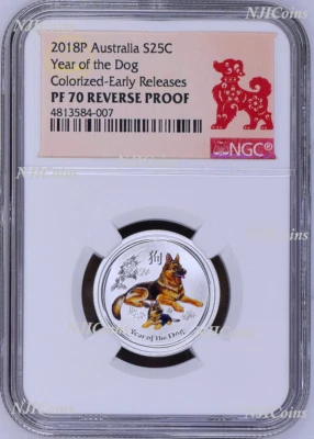RARE 2018 Australia Colored Silver Lunar Year of the Dog NGC "PF" 70 1/4 oz Coin - Image 1 of 4