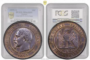 FRANCIA, Napoleone III, 10 Centimes 1855 A, cane, PCGS MS 63 BN - Foto 1 di 8