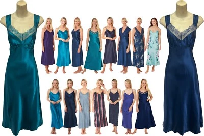 JUST FOR YOU BOUTIQUE Damen-Nachthemd volle Länge langes Negligee marineblau sexy Satin ÜBERGRÖSSE 8 - 38