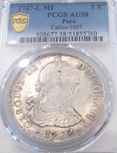 1787 LIMA PERU MI 8 REALES CAROLUS III SILVER COIN! GRADED AU58 BY PCGS! BU!!! - Picture 1 of 7