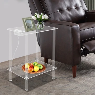 2-tier End Table Acrylic Side Table Acrylic Bedside Table With Charging Outlets - Image 1 of 4