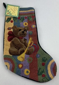 Sugarplum Lane Wool Christmas Stocking Teddy Bear Needlepoint Velvet Vintage - Picture 1 of 6