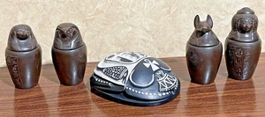 Set Of 4 Egyptian Canopic Jars Organs Storage + Heavy Giant Solid Scarab - Bild 1 von 14