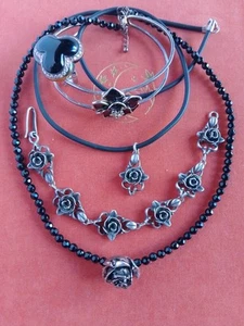 Silver 925 Black Rose Flower Gothic Jewellery Lot Necklace Bracelet Bangle Ring - Picture 1 of 18