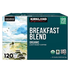 Kirkland Signature Organic Breakfast Blend Light-Roast Coffee, K-Cup Pods, 120 - Foto 1 di 3